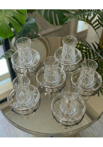 Elta Collection 12 Parça 6 Kişilik Kristal Kesim Çay Takımı Cam Çay Bardağı Ve Tabak Seti Gümüş