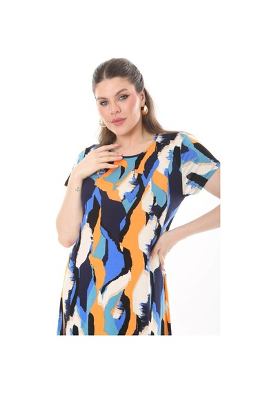 Mooi Xxl Kadın Mavi Turuncu Asimetrik Desen Midi Elbise-mavi Mavi