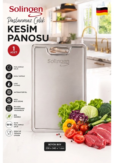 Paslanmaz Çelik Kesme Tahtası Büyük 23x34 Cm - Antibakteriyel Kesim Panosu Çok Renkli