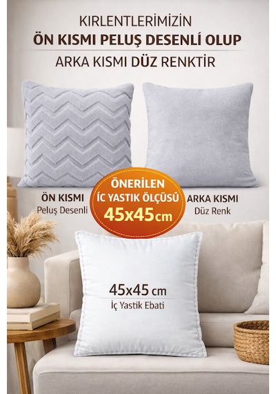 Peluş Dekoratif Kırlent Kılıfı İskandinav Zigzag-balıksırtı 4 Lü Set 42x42 Cm Açık Gri - Koyu Gri