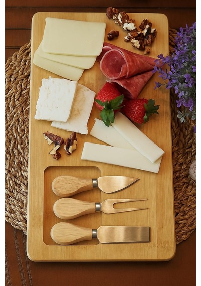 4 Parça Bambu Peynir Sunum Tahtası Ve Çatal - Spatula - Bıçak Seti, Peynir Kesim Panosu Ahşap 36 X 17 Diğer