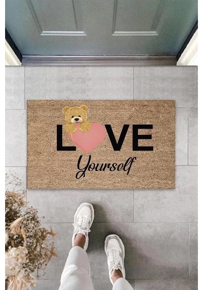 Bej Kapı Önü Paspası Love Yourself Ayıcık Desen K-3327 Renkli