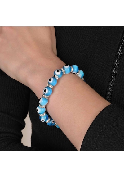 Stretch 10 Mm Turkuaz Renk Nazar Boncuklu Kristal Taşlı Rondela Bileklik Diğer