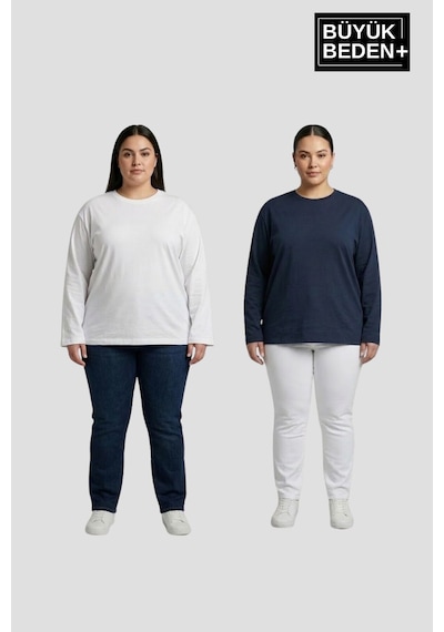Süperlife Kadın Büyük Beden 2'li Set Uzun Kollu 2 İplik Bisiklet Yaka Tişört Spr26bts942+2 Beyaz - Lacivert Süperlife Kadın Büyük Beden 2'li Set Uzun Kollu 2 İplik Bisiklet Yaka Tişört Spr26bts942+2 Beyaz - Lacivert