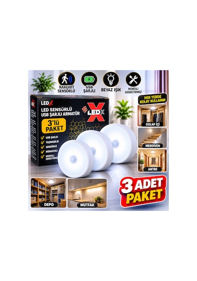 Led Sensörlü Usb Şarjlı Armatür, Beyaz Işık, 3 Lü Paket Beyaz - 939558711 Beyaz