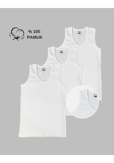 Alya Underwear Erkek Çocuk Pamuk Ribana Atlet Oval Yaka 3'lü Paket Beyaz-t05