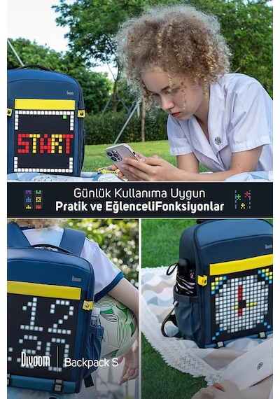 Divoom Pixoo S Mavi LED Ekranlı APP Kontrollü Akıllı Su Geçirmez Laptop Sırt Çantası-15-15.6" Mavi