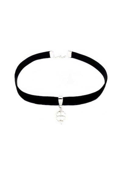 Siyah Renk Kadife Kadın Yonca Choker Kolye Gümüş
