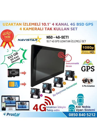 Uzaktan İzlemeli 10 İnç 4 Kanal 4g Gps Bsd Kör Nokta Uyarı Sistemli Profesyonel Araç Kamera Seti