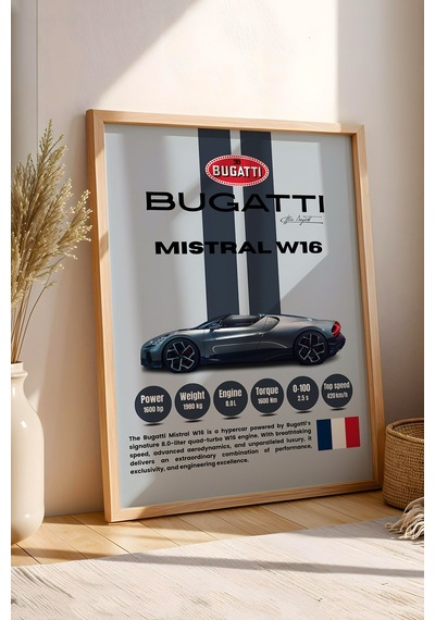 Bugatti Mistral W16 Araba Tablosu - Teknik Özellikli Otomobil Poster - Çerçeveli Duvar Dekoru Kayın