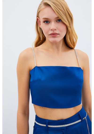 Sateen Taş Askılı Saten Crop Bluz - Mavi-134981 Mavi