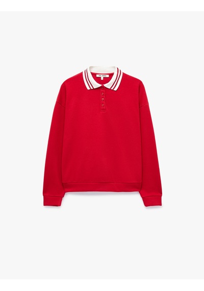 Koton Rahat Kalıp Düğmeli Uzun Kollu Çizgili Polo Yaka Sweatshirt Kırmızı 7wal10212ık