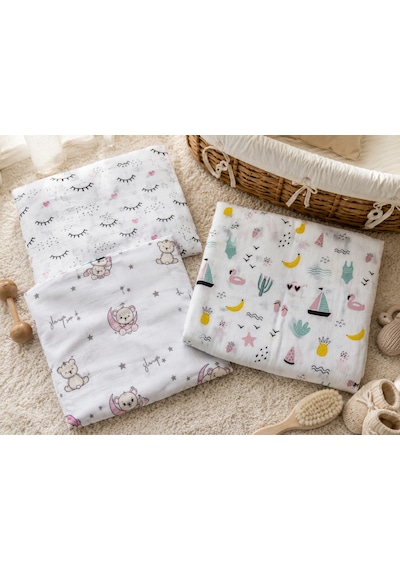 Minora Baby&Kids 3'lü %100 Pamuk Müslin Bebek Örtüsü Seti Çok Amaçlı Müslin Battaniye - 100 x 100 CM