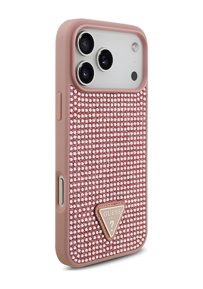 Apple Uyumlu iPhone 17 Pro Max Kılıf Guess Lisanslı Taşlı Arka Yüzey Üçgen Logolu Kapak Pembe Pembe
