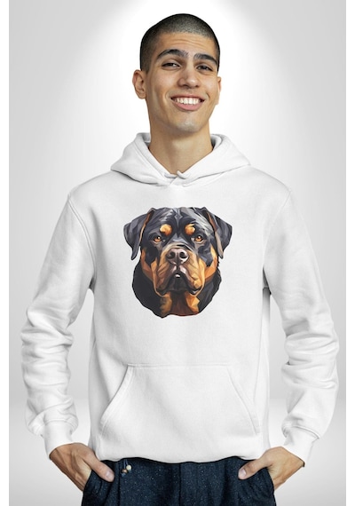 Rottweiler Kafası Kadın Erkek Beyaz Kapüşonlu Sweatshirt Hoodie Beyaz