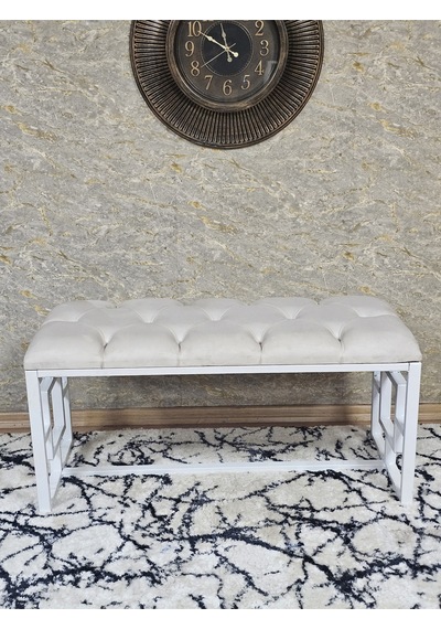 Zafir Beyaz Boyalı İçi Kareli Diktörtgen 100 Cm X 40 Cm Oturak Puf - Bench - Makyaj Oturağı - Oturak Krem