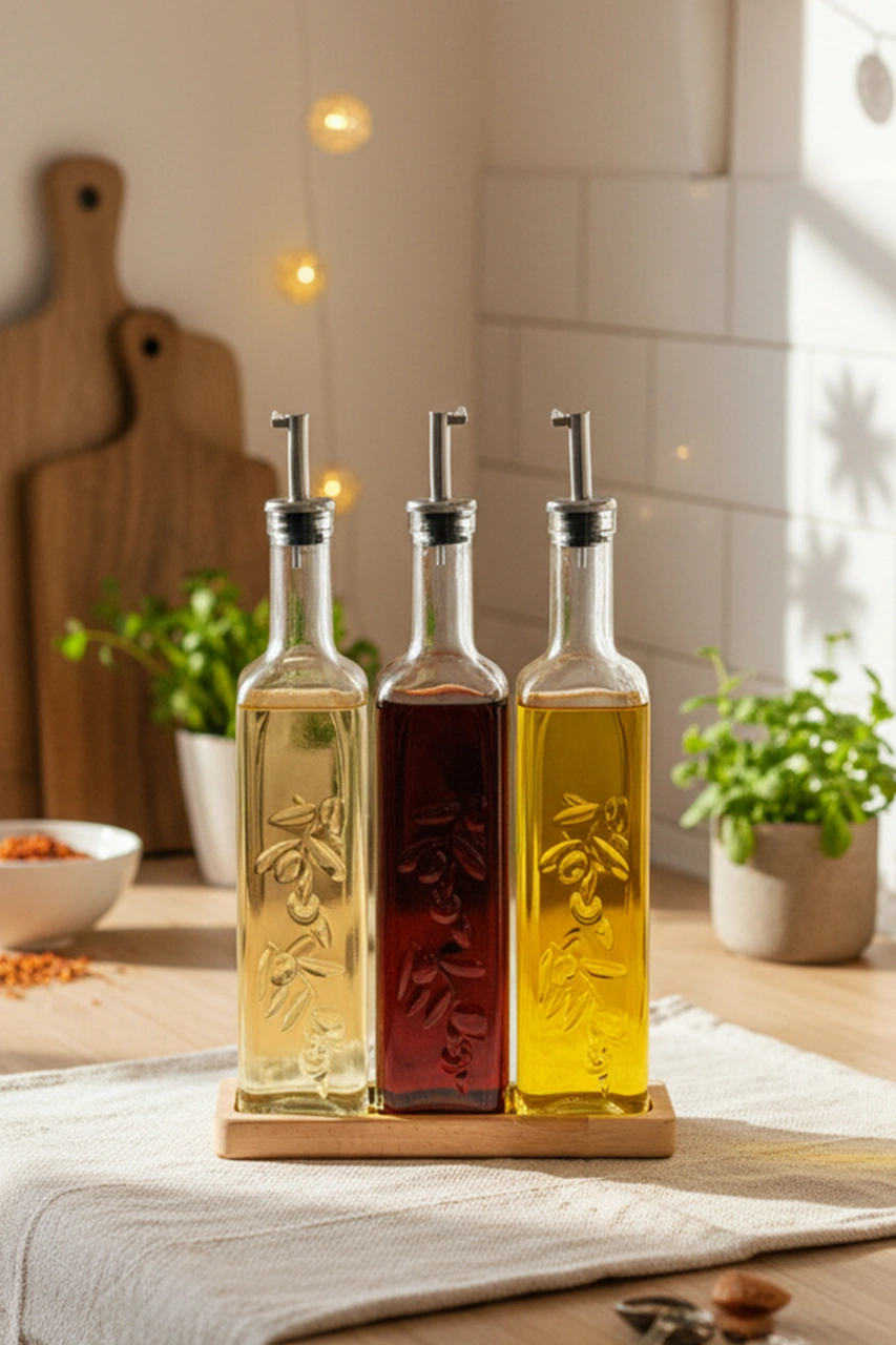 Snippy Safir - Ahşap Standlı 3'lü Cam Damlatmaz Yağlık Sirkelik Zeytinyağı Sıvıyağ Şişesi Yağdanlık 500ml Ahşap