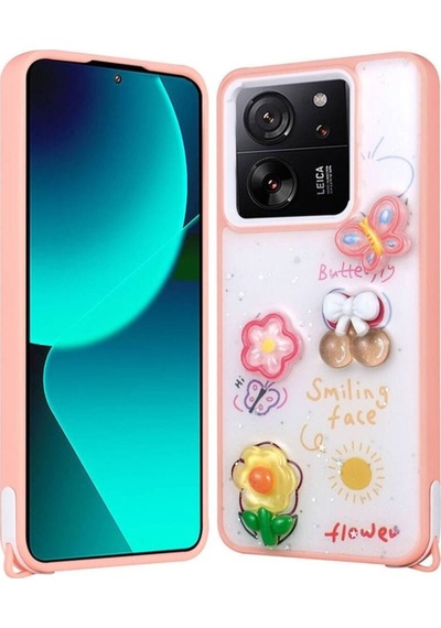 Xiaomi Mi 13t Pro Kılıf Parlayan Simli Kabartma Figürlü Zore Cevze Kapak Pembe