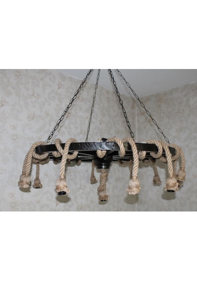 Otantik Çarşı Ahşap Halatlı Teker Avize 100 Cm. 13'lü Serbest Sarkıtlı