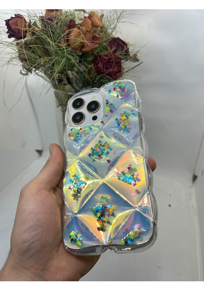 Apple Uyumlu iPhone 15 Pro Max Hologram Puffer Kılıf Renkli Kalpler