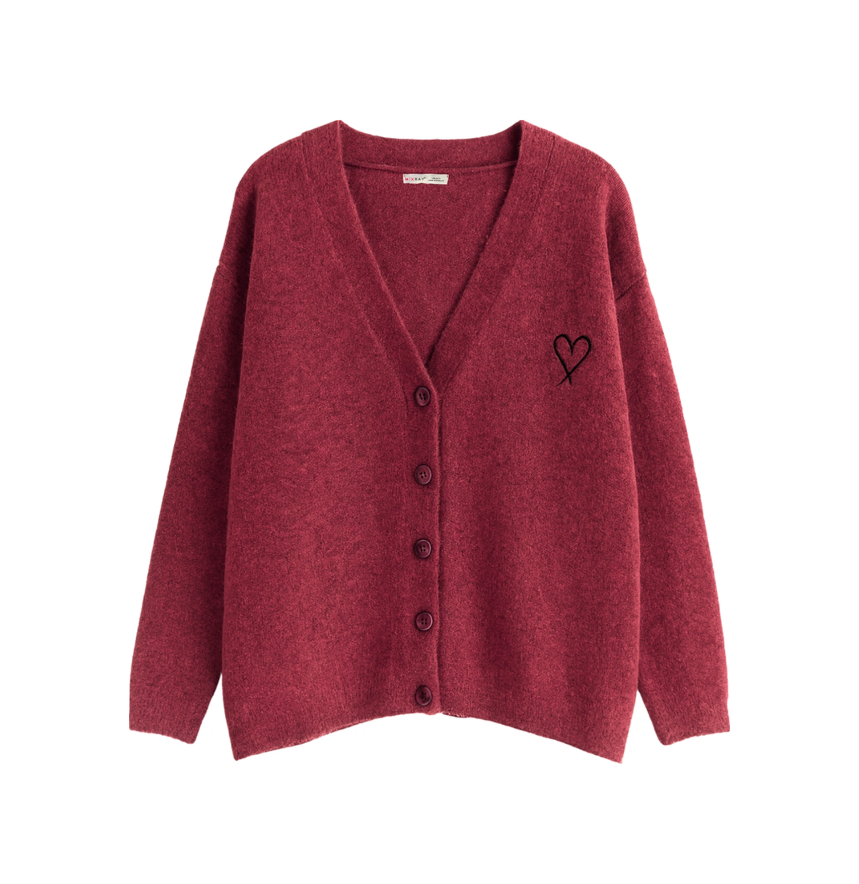 Mixray 6953 Kadın Oversize Yün Karışımlı Premium Kalp Nakışlı Hırka Bordo Bordo