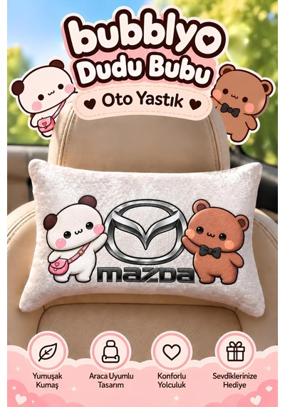 Bubblyo Mazda Temalı Dekoratif Oto Yastığı Sevimli Çift Tasarım Beyaz Beyaz