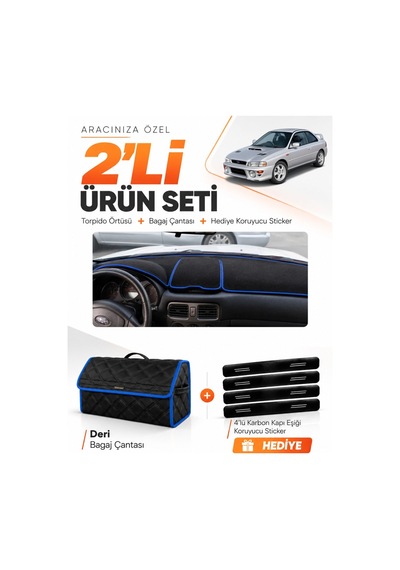 Subaru İmprezza 1998-2000 Uyumlu Torpido Örtüsü + Deri Bagaj Çantası + Sticker Seti - Siyah Mavi