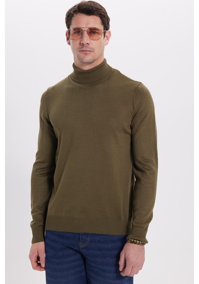 Tudors Erkek Slim Fit Tam Boğazlı Yaka Düz Yün Haki Triko Kazak-39414 Haki