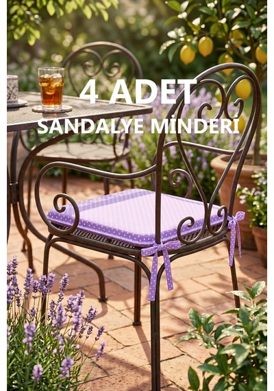 Comfort 4 Adet Sandalye Minderi Bağcıklı Özel Dikişli Süngerli Pamuklu Kumaş Sandalye Minderi Puanlı Mor