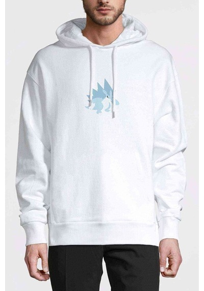 Sandslash Baskılı Beyaz Erkek Örme Kapşonlu Sweatshirt
