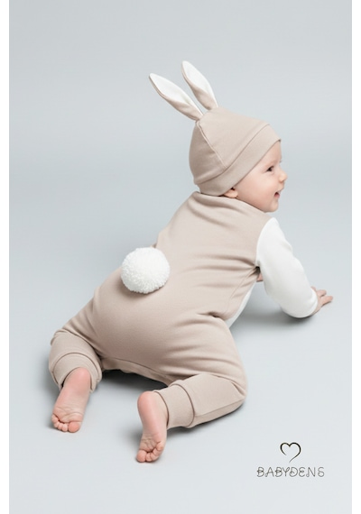 Babyden's Bebek Tavşanlı Tulum Şapka Set %100 Pamuklu Çıtçıtlı,ayarlanır Ponponlu Unisex Yenidoğan Tulum Seti Bej