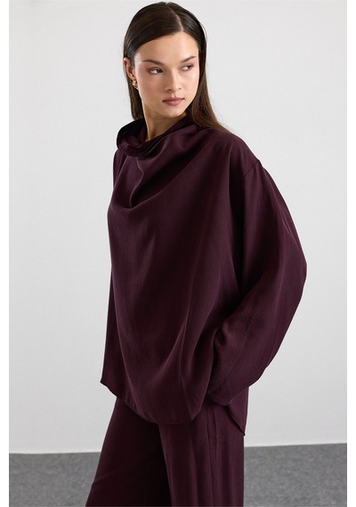 Olcay Degaje Yaka Oversize Pantolon Bluz İkili Takım Mürdüm 9483-tk