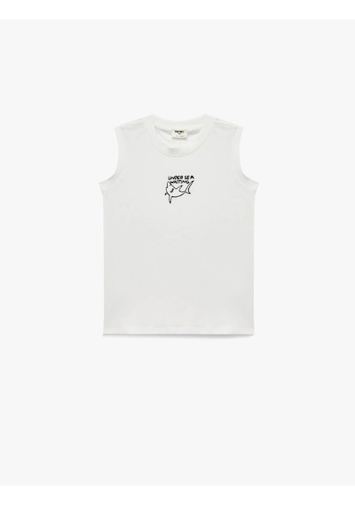 Koton Pamuklu Nakış Detaylı Beyaz Erkek Çocuk Kolsuz T-shirt 6skb30008tk