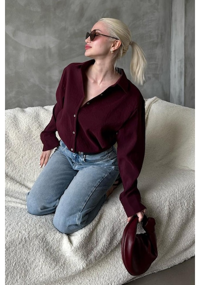 Madmext Bordo Kırışık Desen Kadın Gömlek Mg2313 Bordo