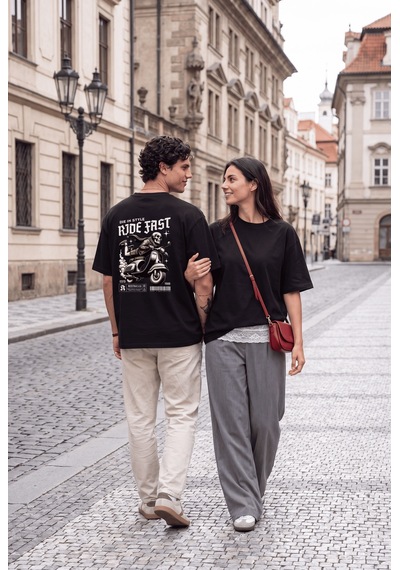 Black Nova Oversize Baskılı Unisex %100 Pamuk T-shirt Ride Fast Siyah