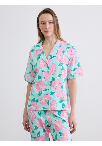 Lcw Dream Turkuaz Gömlek Yaka Çiçekli Kadın Pijama Takımı