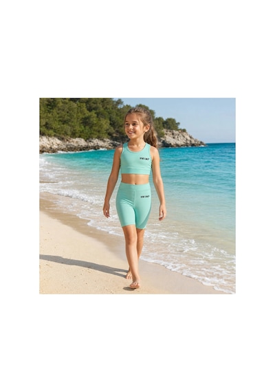 Rony Pony Kids Kız Çocuk Mint Yeşili Crop Üst Ve Uzun Şortlu Mayo Takımı - 2 Parça Yeşil