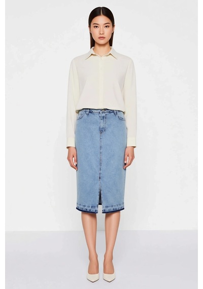 Benerly Kadın Büyük Beden Yüksek Bel A-line Midi Denim Etek Ön Yırtmaçlı Mavi