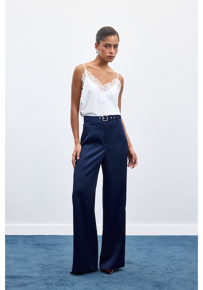Sateen Kemer Detaylı Saten Pantolon - Lacivert-136950 Lacivert