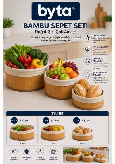 Bambu Sepet Seti Çok Amaçlı Kullanıma Uygun Gıdaya Teması Uygun Bez Astarlı Organizer 30 Cm, 25 Cm, 20 Cm Çap Beyaz
