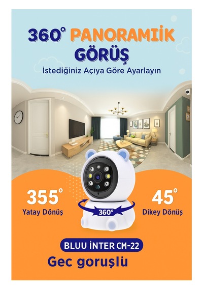 Cmr- 22 Panda Güvenlik Kamerası 360 Dönüş, Gece Görüşü, Hareket Takipli, Çift Yönlü Ses