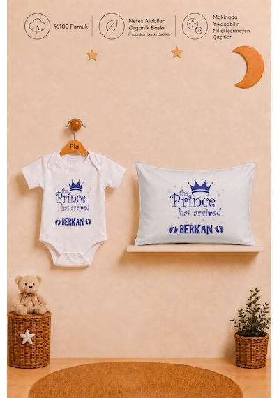 Pia Baby Erkek Bebek İsme Özel Hediye Seti %100 Pamuk Body Yastık Kılıfı Ve Ham Bez Bebek Kıyafet Kesesi 2033byk0x Ekru