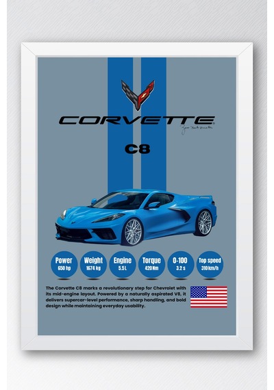Corvette C8 Araba Tablosu - Teknik Özellikli Otomobil Poster - Çerçeveli Duvar Dekoru Beyaz