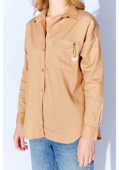 Manche Camel Broş Detaylı Oversize Tek Cepli Gabardin Gömlek Mkw168174-01
