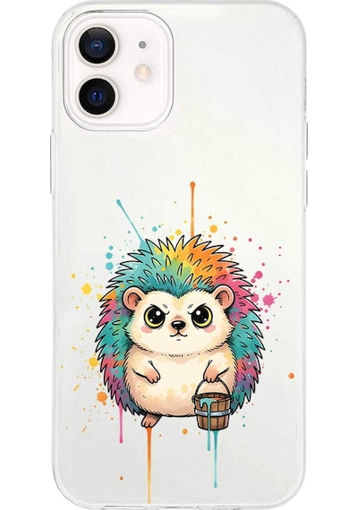 Apple Uyumlu iPhone 12 Mini İle  Splash Kirpi Tasarımlı Şeffaf Silikon Kılıf 051f