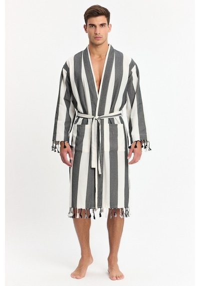Erkek Striped Peştemal Bornoz %100 Pamuk Plaj Bornoz Siyah