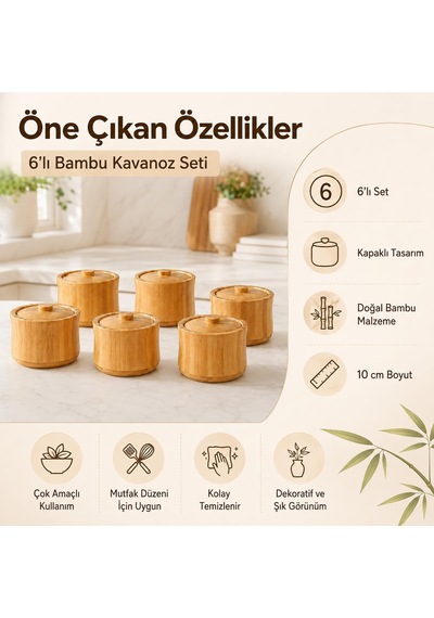6'li Bambu Kavanoz Seti, Kapaklı Mutfak Saklama Ve Baharatlık Çok Renkli