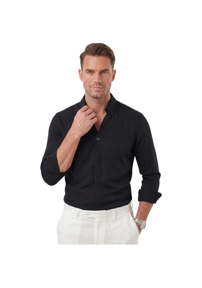 Deepsea Siyah Slim Fit Kolay Ütülenebilir Açık Dik Yaka Likralı Erkek Gömlek 2602615