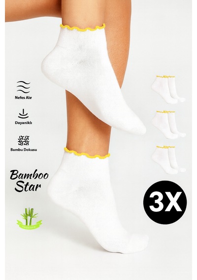 Bamboo Star Bambu Kadın Sarı Fırfırlı Patik Lastiksiz Dikişsiz Beyaz Çorap 3lü Paket Sarı - Beyaz