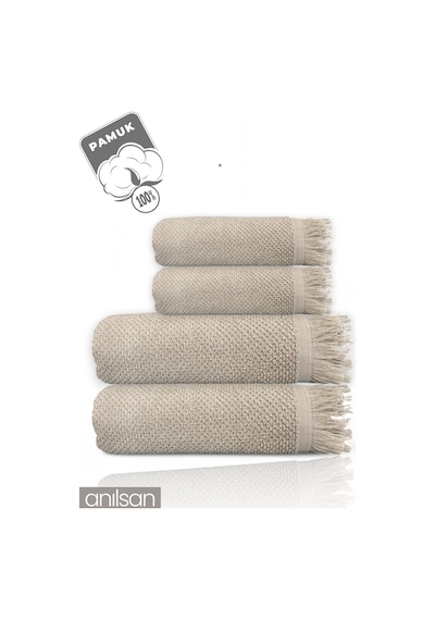 4'lü Bej Jelena Havlu Seti %100 Pamuk - 2 Adet El Havlusu 50x90 Ve 2 Adet Banyo Havlusu 70x140 Bej